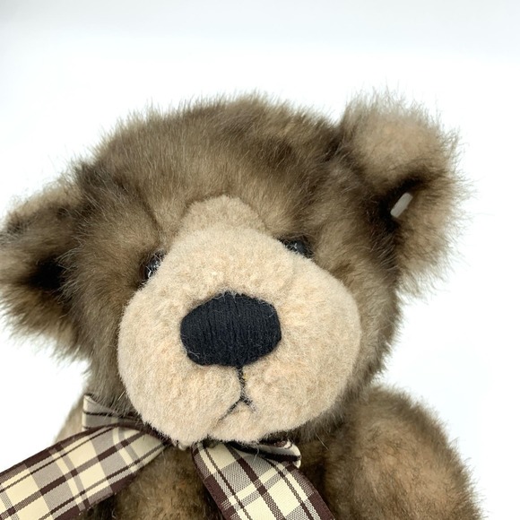 Russ Berrie 90’s Cappuccino Stuffed Teddy Bear Plush Plaid Bow - Picture 2 of 9
